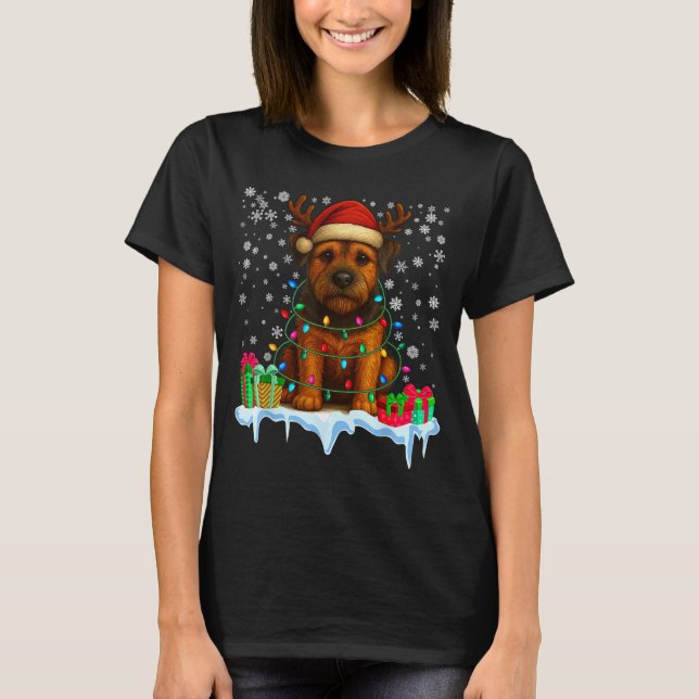 Border Terrier Christmas Santa Hat Reindeer Pajama T Shirt (Framsida)