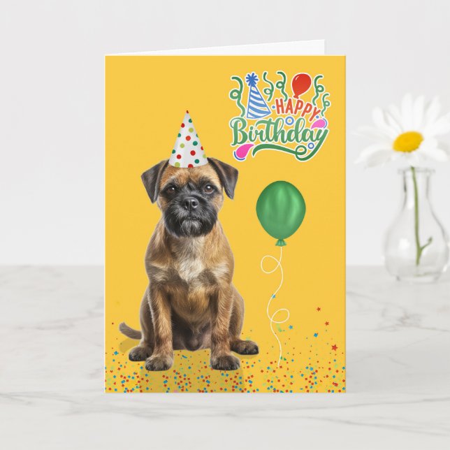 Border Terrier Dog Party Hat Yellow Birthday Kort (Liten växt)