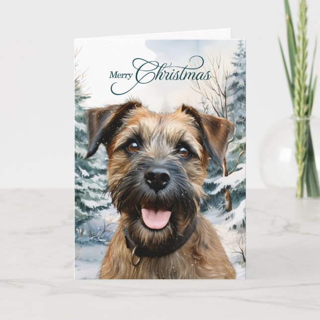 Border Terrier Dog Woodland Forest Christmas Helgkort (Framsida)