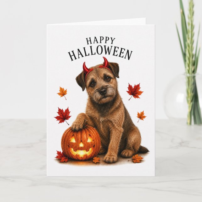 Border Terrier Halloween Djävulshund Kort (Framsida)
