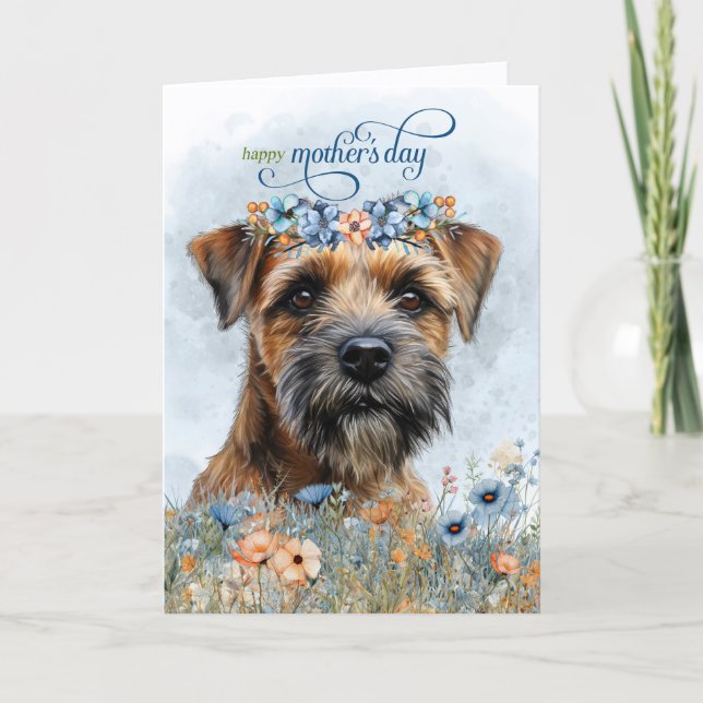 Border Terrier Hund Vildblommor Mors Dag Helgkort (Framsida)