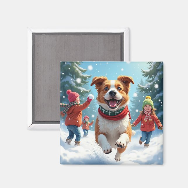 Border Terrier Snöbollskrig Julmålning Magnet (Front/Back)