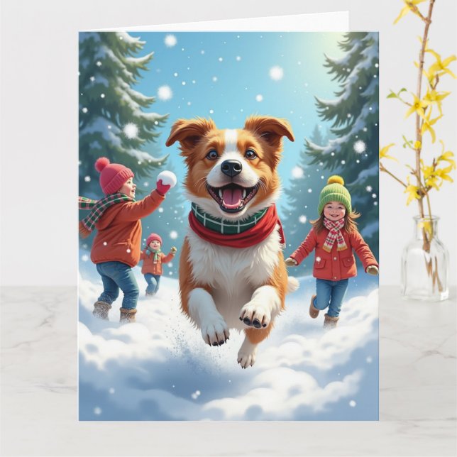 Border Terrier Snowball Fight Christmas Painting Kort (Gul blomma)