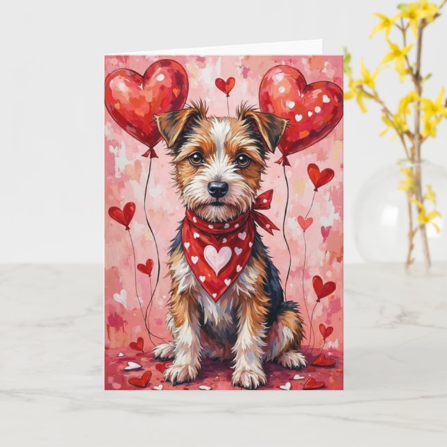 Border Terrier Valentine Hund sittande med hjärtan Kort (Gul blomma)