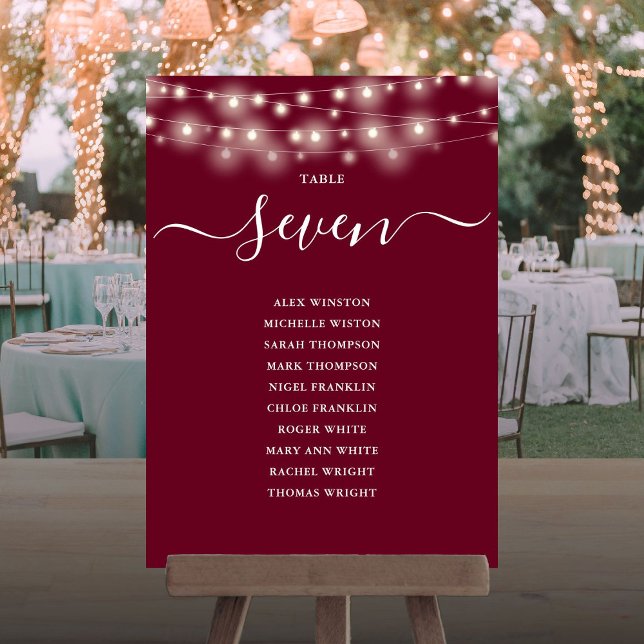 Bordnummer för sittplatser med burgunderfärgad str inbjudningar (Burgundy String Light Table Number Seating Chart)