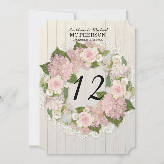 Bordnummer Rosa Hortensia Ros Spets Rustikt Trä Inbjudningar (Framsida)