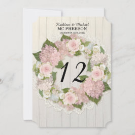 Bordnummer Rosa Hydrangea Ros Spets Rustik Trä Inbjudningar