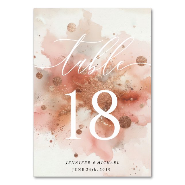 Bordnummer RoseGold Akvarell Bröllop Bordsnummer (Framsidan)