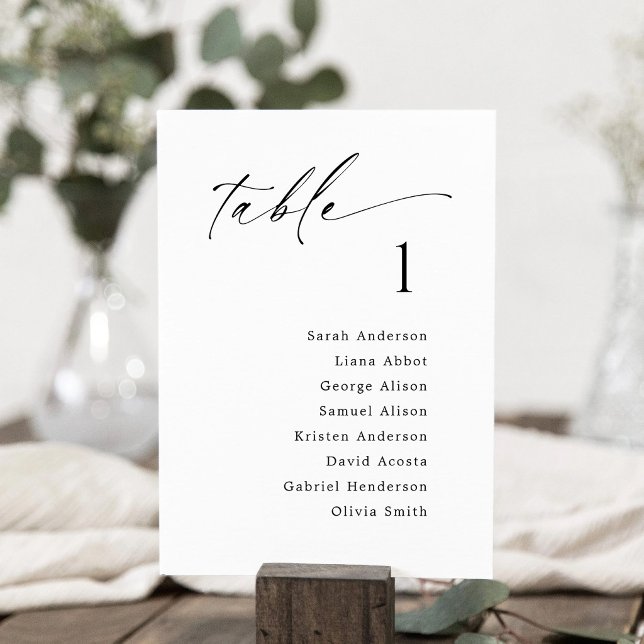 Bordnummer sittplatskarta hängande kort (Simple Modern Script Table Number Individual Seating Chart)