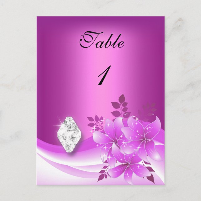 Bordnummerkort Rosa Blommig Diamant Juvel Vykort (Framsida)