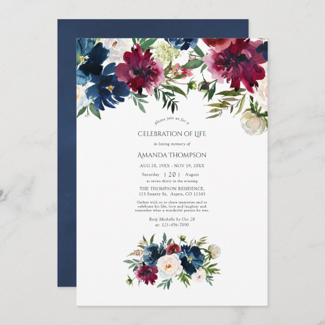 Bordo & Marinblå Akvarellblommor Livets Firande Inbjudningar (Fram/baksida)