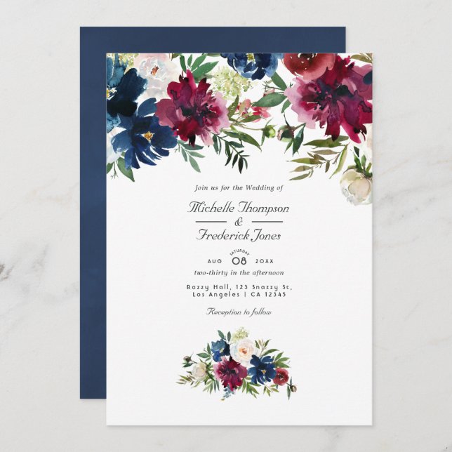 Bordo och marin vattenfärgblommig QR-kod bröllop Inbjudningar (Fram/baksida)