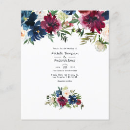 Bordo och Navy Watercolor Blommig Bröllopsinbjudan Flygblad