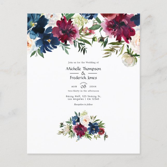 Bordo och Navy Watercolor Blommigt Wedding bjudand Flygblad (Framsidan)