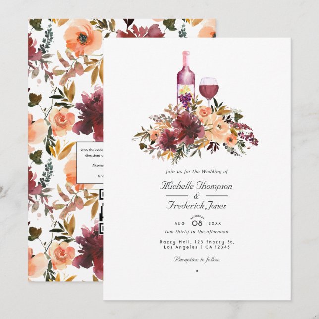 Bordo Peach Blommigt Vin Tasting Bröllop Photo Inv Inbjudningar (Fram/baksida)