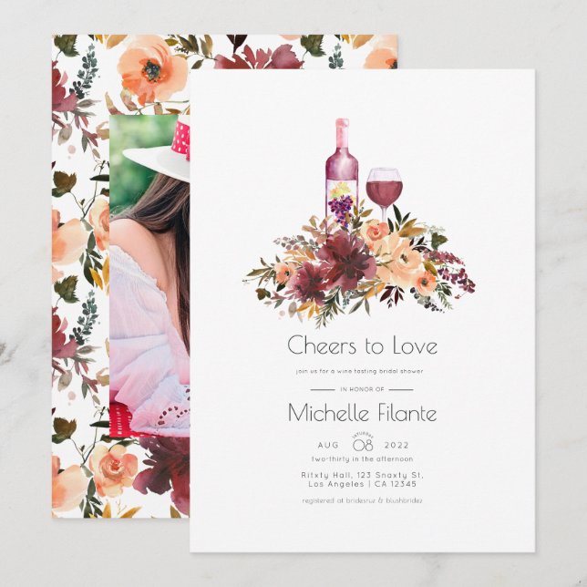 Bordo Peach Blommigt Vin Tasting Möhippa Inbjudningar (Fram/baksida)