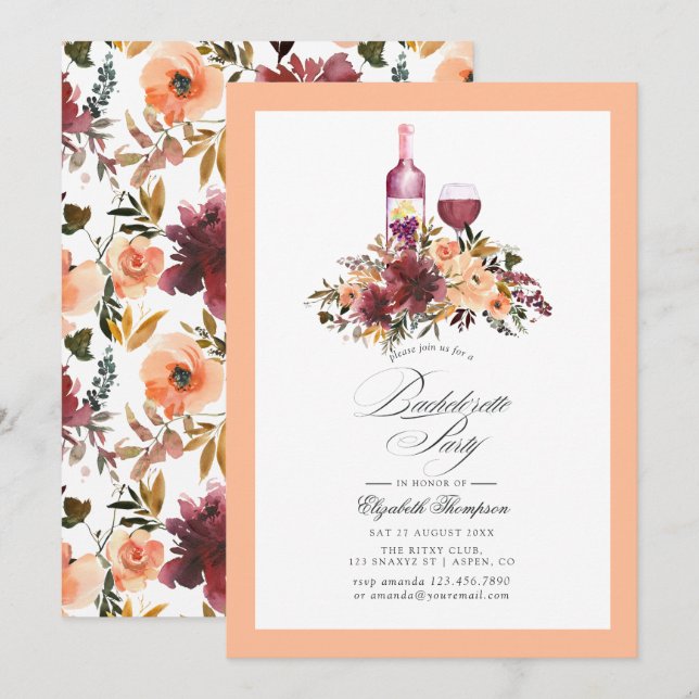 Bordo Peach Fuzz Vin temat Bachelorette Party Inbjudningar (Fram/baksida)