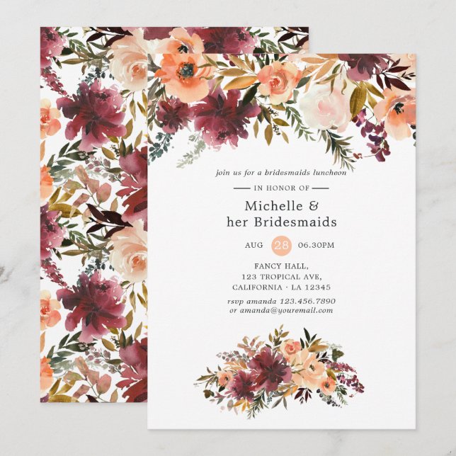 Bordo Peach Watercolor Bridesmaids Luncheon Inbjudningar (Fram/baksida)