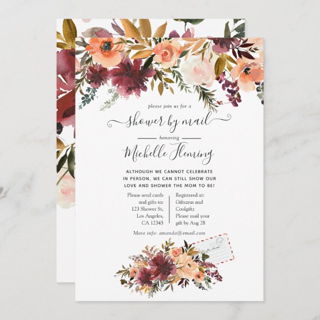 Bordo Persika Akvarell Baby Shower via Post Inbjudningar (Fram/baksida)