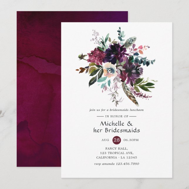 Bordo Violet Plum Blommigt Bridesmaids Luncheon Inbjudningar (Fram/baksida)