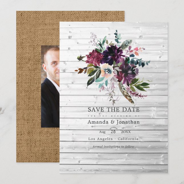 Bordolila Plommon Blommig Rustikal Boho Bröllop Spara Datumet (Fram/baksida)