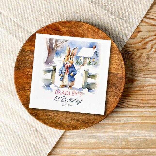 Bords-födelsedagsfest för Peter kanin vintertid Pappersservett (Peter Rabbit winter themed birthday party tableware personalized napkins watercolor cute bunny snowy)
