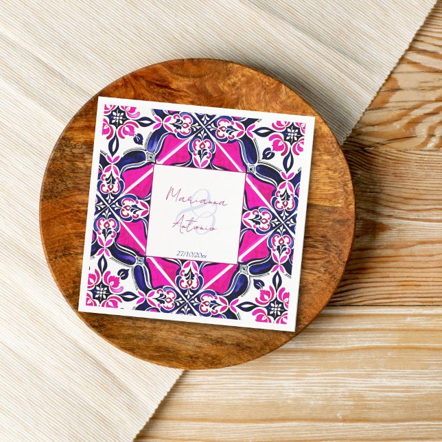 Bords-rosa (blå), mexikanskt plattskärmsprogram br pappersservett (Pink blue Mexican tile personalized wedding tableware template Napkins wedding reception decor)