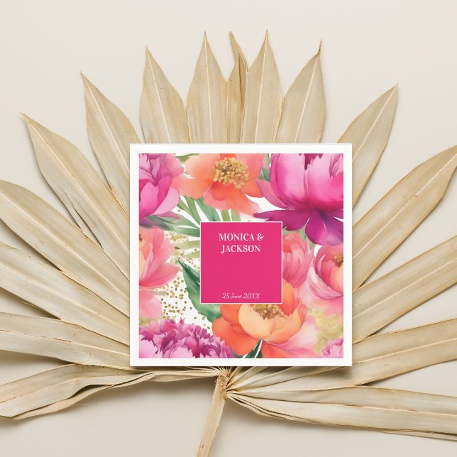 Bords-rosa orange peony elegant bröllop pappersservett (Bold pink orange peony elegant wedding personalized tableware template napkins bold vibrant colors)