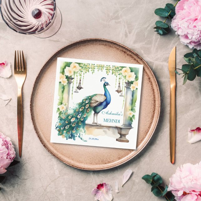 Bordsartiklar för Peacock Mehndi jasmine Indian br Pappersservett (Peacock and jasmine mehndi tableware personalized napkins Indian wedding custom napkins henna napkin)