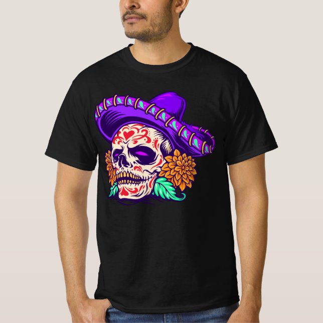 Bordsfull Day of the dead med Lila Hat T Shirt (Framsida)