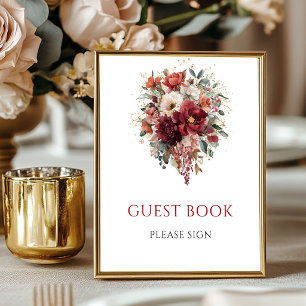 Bordskåp för gästbok med burgunderboho höstblommor poster