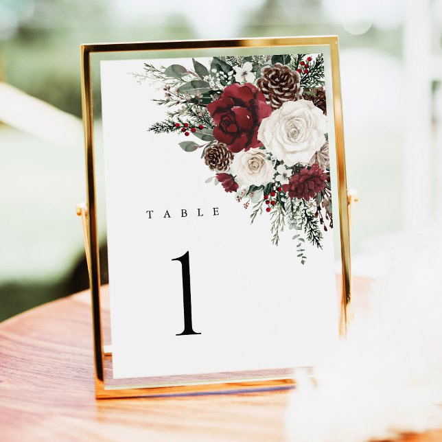 Bordskort för vinterns blommiga burgundiska bröllo (Burgundy winter floral wedding table numbers card elegant holiday table number reception decor)