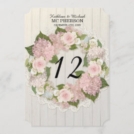 Bordskort Rosa Hydrangea Ros Spets Rustik Trä