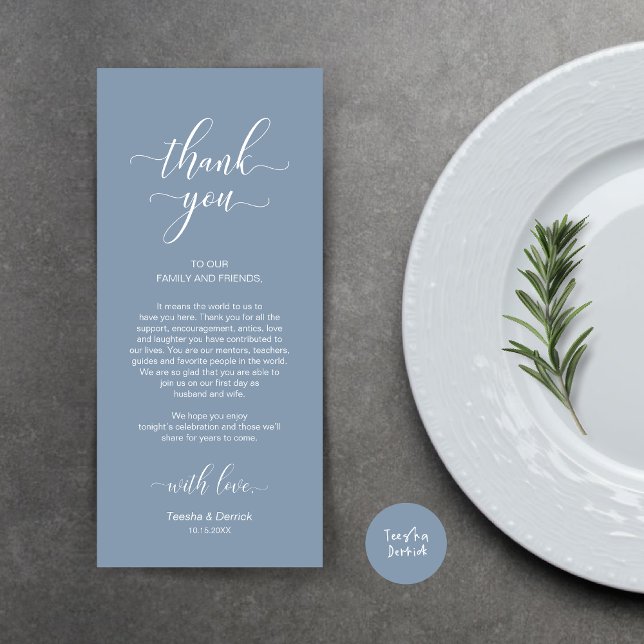 Bordskort Tack, Elegant dammig blå kort (Wedding Dinner Place Setting Thank You Card, Modern Classy Design, Dusty Blue)
