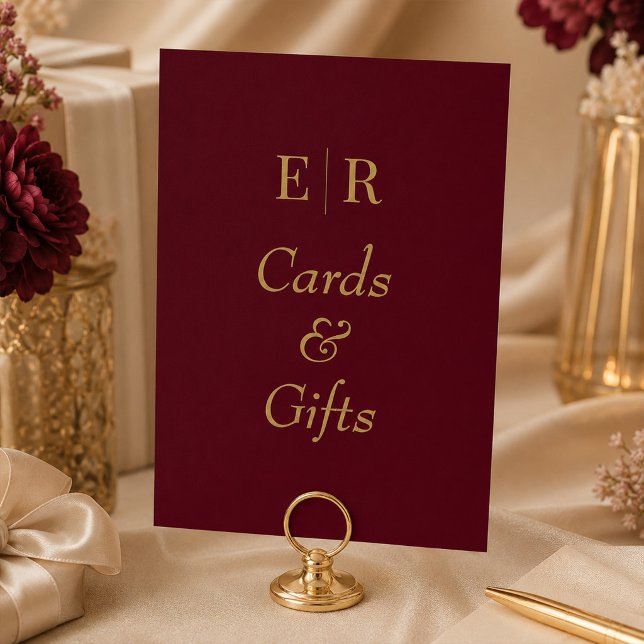 Bordskylt Burgundy Gold Monogram Cards and Gifts Bordsnummer (Burgundy Gold Monogram Cards and Gifts Table Sign on a wedding table with burgundy and gold decor )