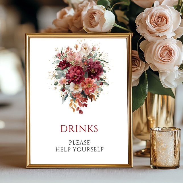 Bordskylt för burgunderfärgade eukalyptus höst dry poster (Burgundy Eucalyptus Fall Drinks Tabletop Sign

)