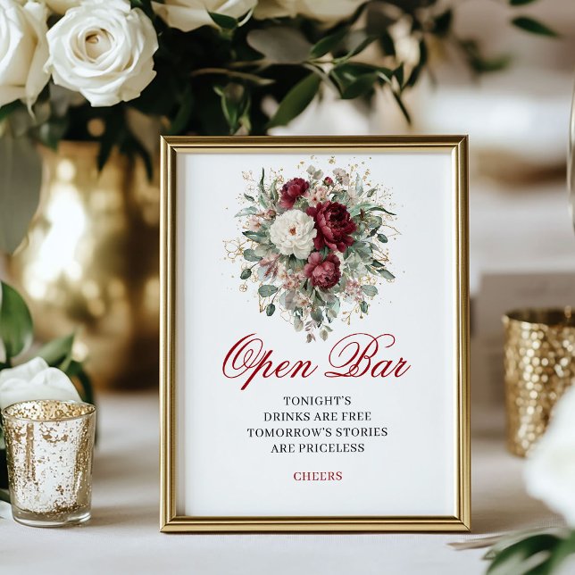 Bordskylt i vinröd nyans för öppen bar poster (Maroon Blush Burgundy Open Bar Tabletop)