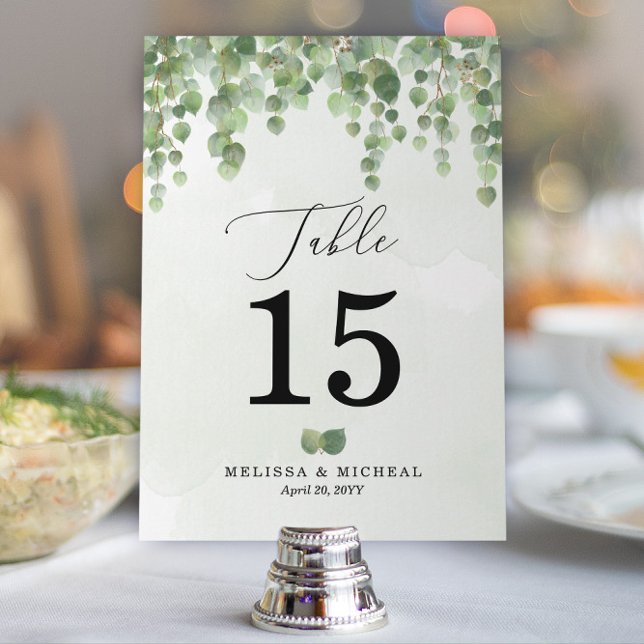 Bordsnummer av Cascading Watercolor Eucalyptus (5x (Elegant Cascading Eucalyptus Table Numbers for Your Modern Wedding or Upscale Event | Choose Size)