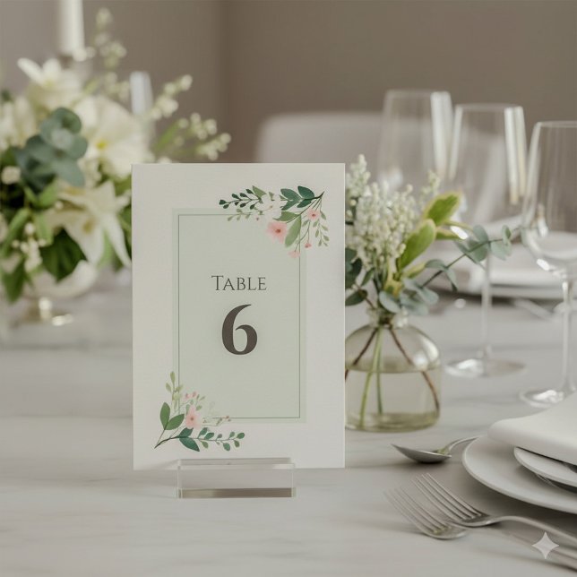 Bordsnummer av mjuk grönt och rosa Blommigt (Pretty botanical table number wedding reception card.)