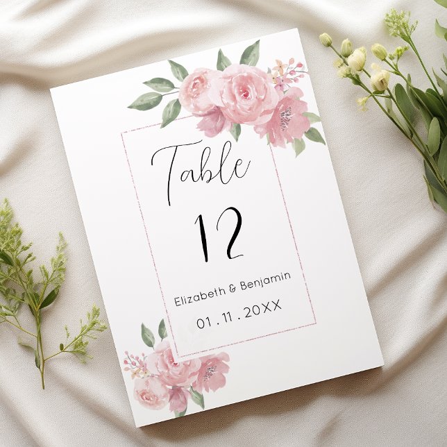 Bordsnummer av rosa blommor med vattendjur (Watercolor botanicals pink flowers Table Numbers)
