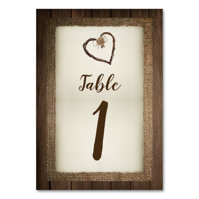 Bordsnummer av trä, Burlap och Twine Heart Bröllop (Framsidan)
