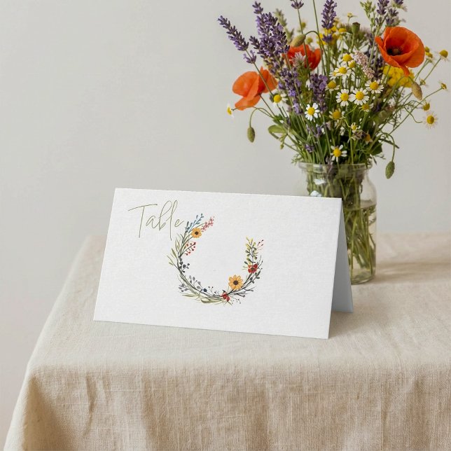 Bordsnummer av Wildblomkrans Placeringskort (Wildflower wreath table number place card.)