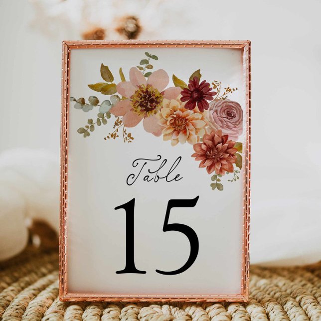 Bordsnummer Bröllop för elegantens avlastning av B (Fall Autumn Floral Rustic Wedding Table Number Card)