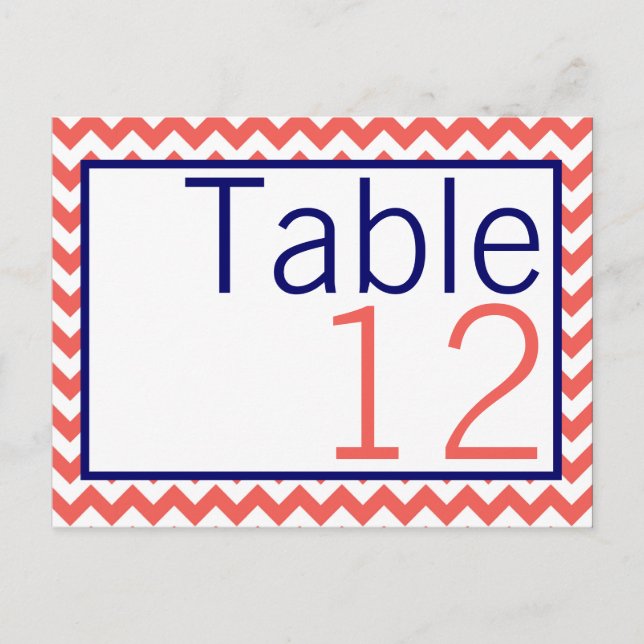Bordsnummer Card Coral Navy Blue Chevron Namn (Framsida)