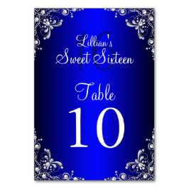 Bordsnummer Card Royal Blue Sweet 16 Silver Pearl