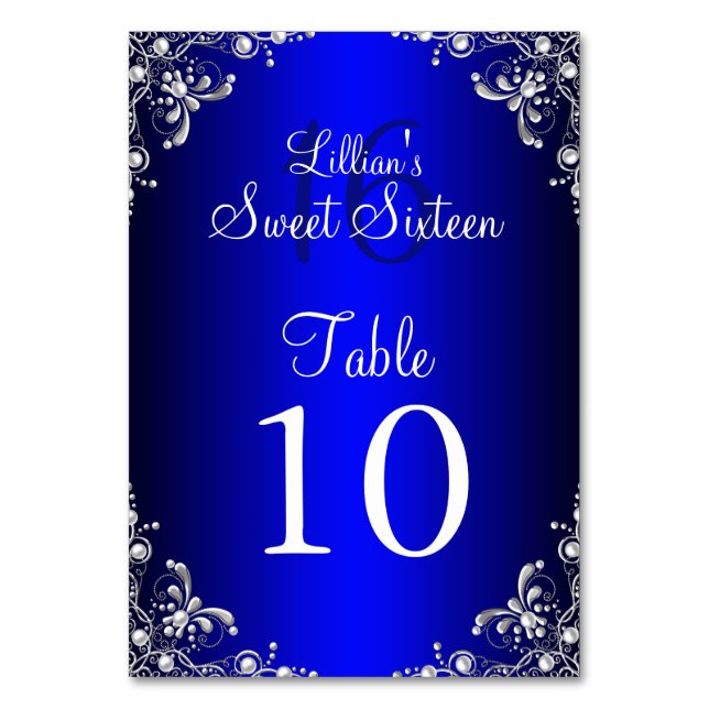 Bordsnummer Card Royal Blue Sweet 16 Silver Pearl (Framsidan)