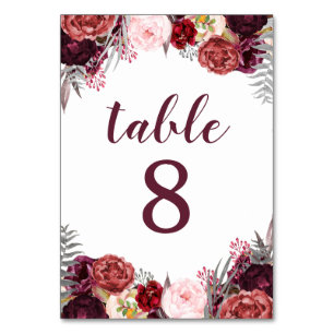 Bordsnummer Cards för Fall Marsala Peony Bröllop