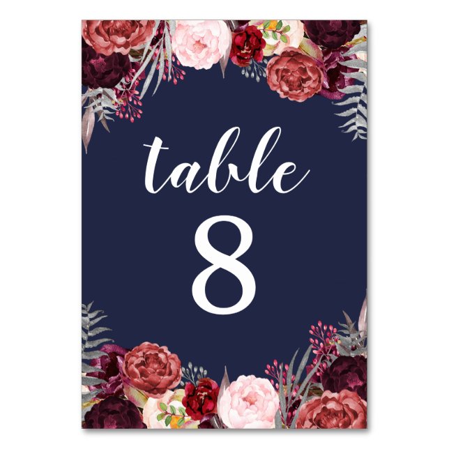 Bordsnummer Cards för Navy Fall Marsala Peony Bröl (Framsidan)
