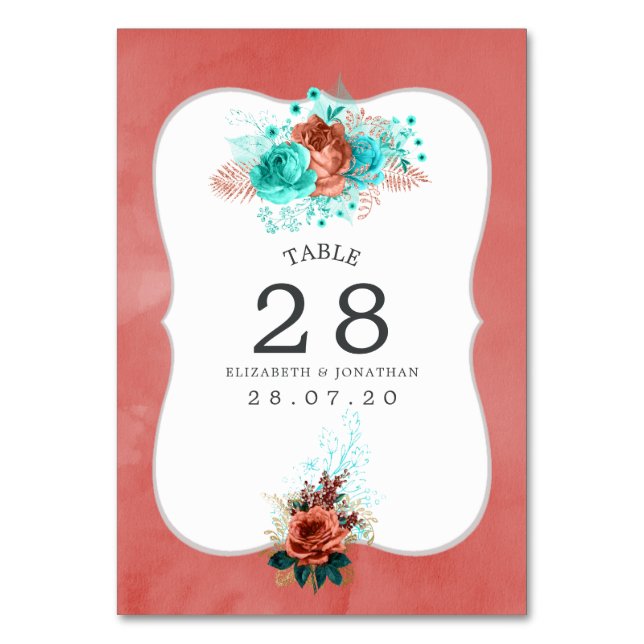 Bordsnummer för Blommigt av turkos och korallvatte (Framsidan)