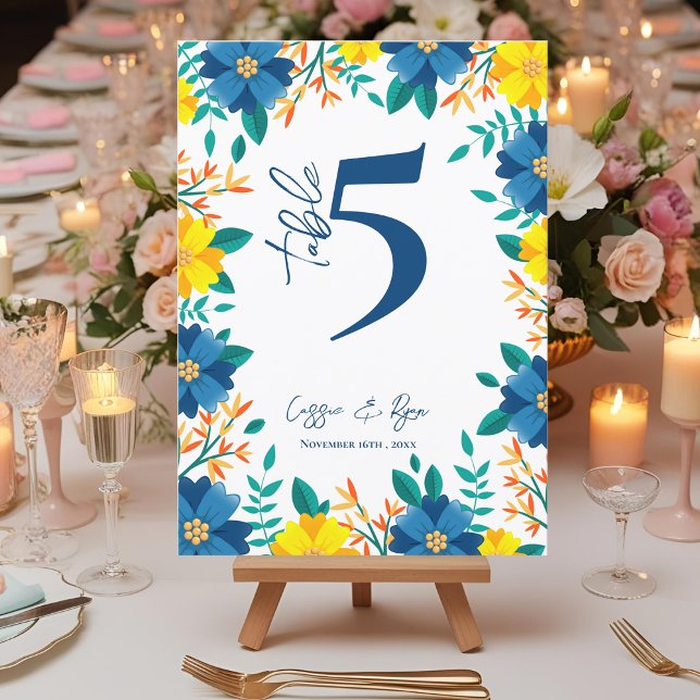 Bordsnummer för Bröllopsfest av gult och blå Blomm (Yellow And Blue Floral Wedding Party Table Number)